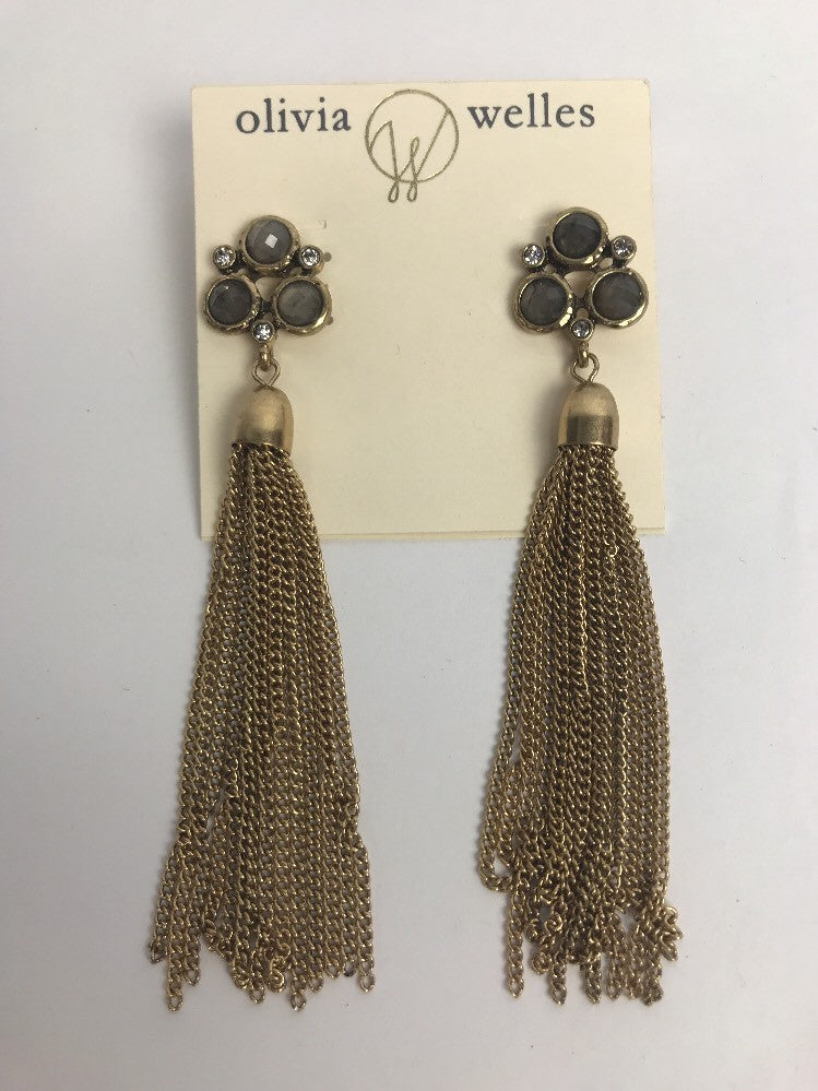 Beaded Round Stud Olivia Welles and Tassel 4" Long Drop Earrings GOLD Crystal