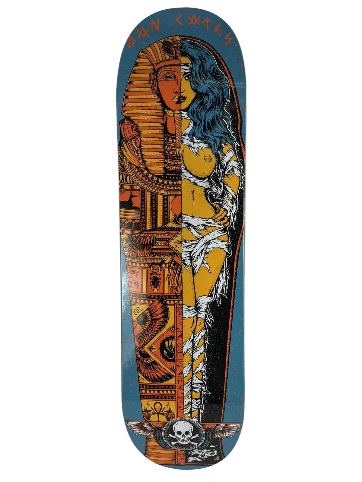 Death Skateboards Dan Cates Blue Mummy Pro 8.125-inch skateboard deck with grip tape and free shipping.