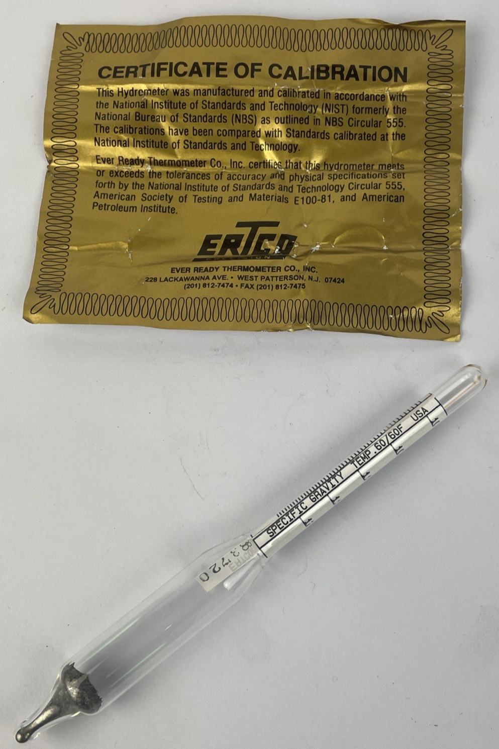 OEM ERTCO Specific Gravity Hydrometer Temp. .60 - 60F - Made in the USA