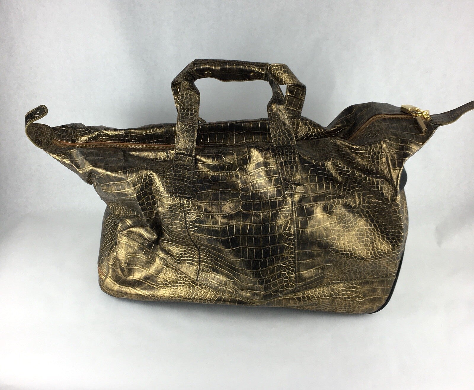 The Find - Gold Faux Leather Crocodile Embossed Travel Bag Wheels Handbag