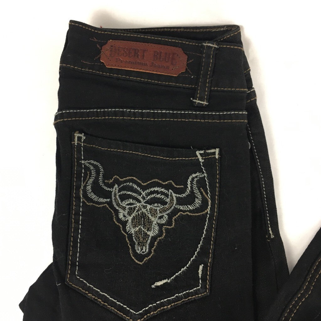 Desert Blue Womens Skinny Jeans Black Embroidery Bull Head Zipper Stretch 26 New