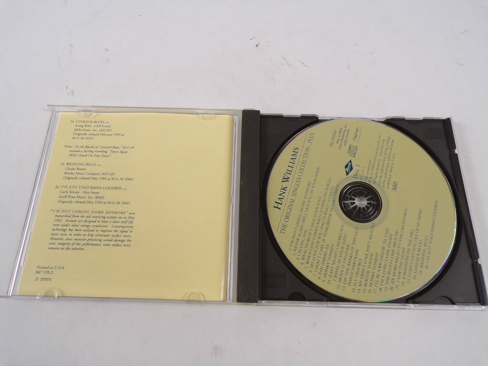 Hank Williams The Original Singles Collection Compact Disc One Honky Tonki CD#39