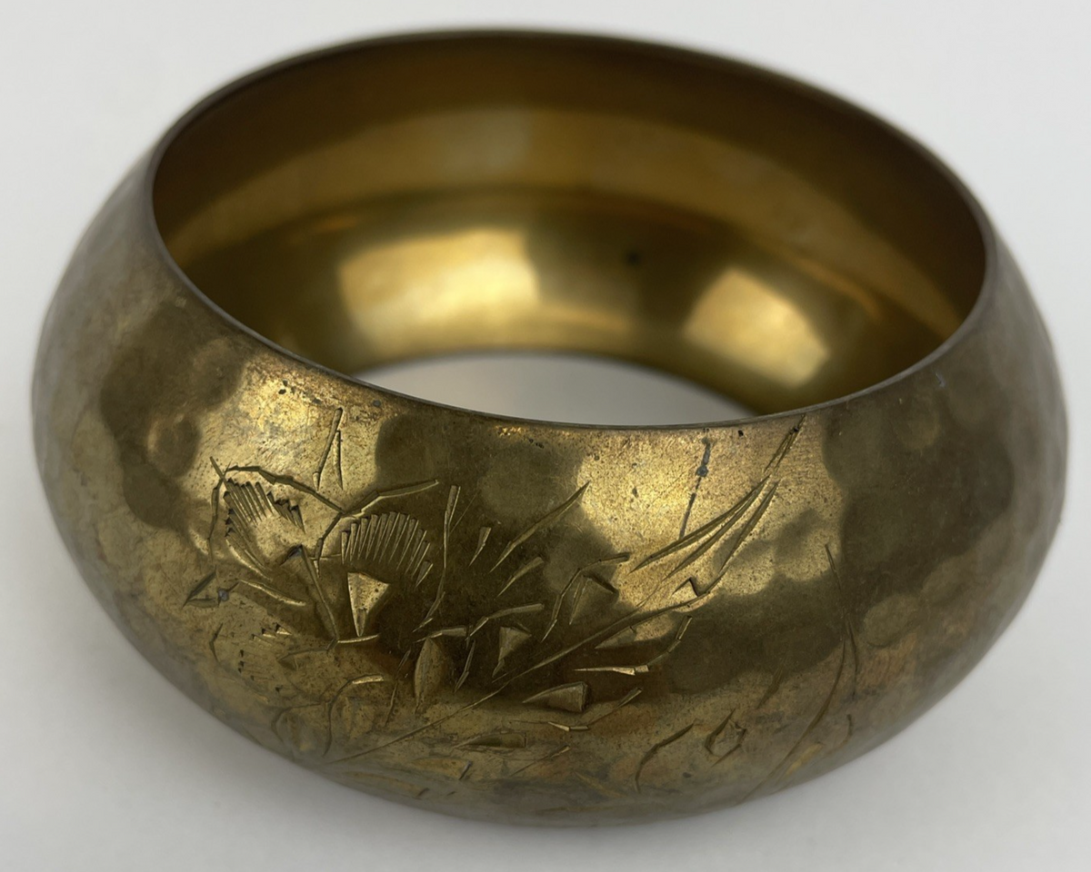 Floral Etched Brass Wide Chunky Large Hammered Bohemian Women’s Bangle Bracelet