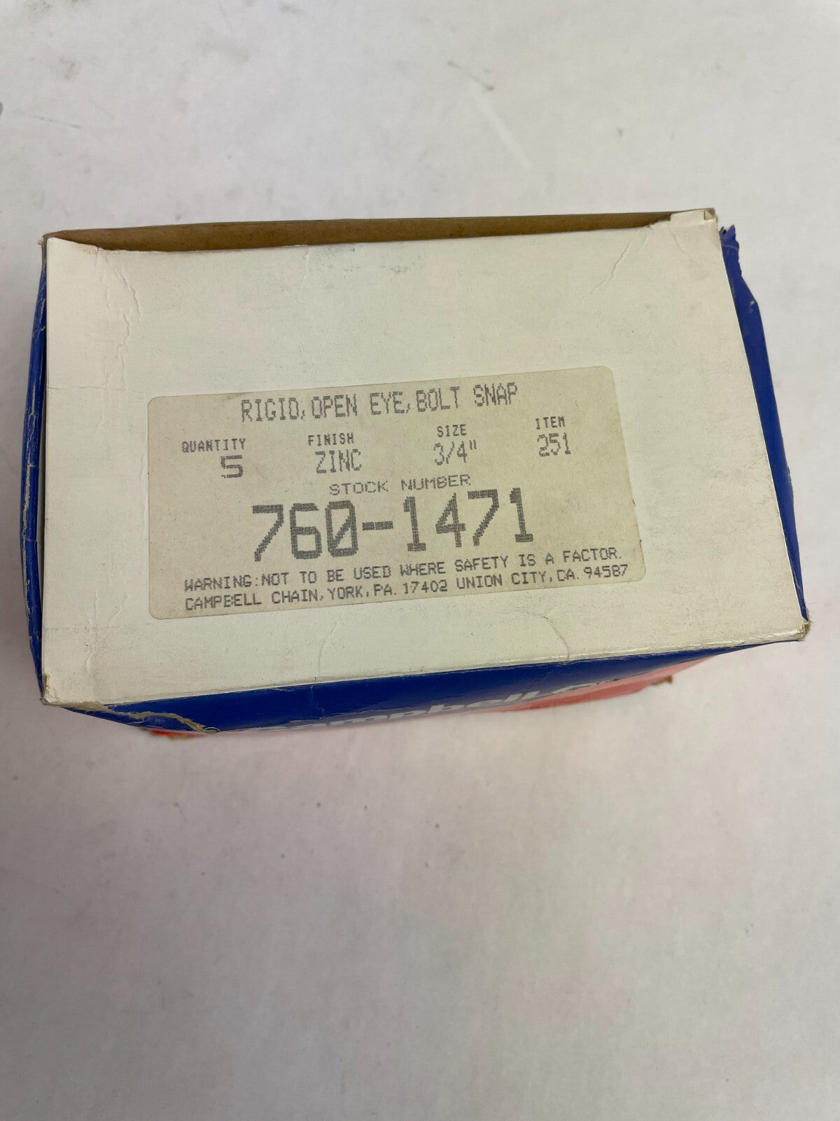 LOT of 5: Campbell Chain Rigid Open Eye Bolt Snap Zinc 760-1471 size 3/4"
