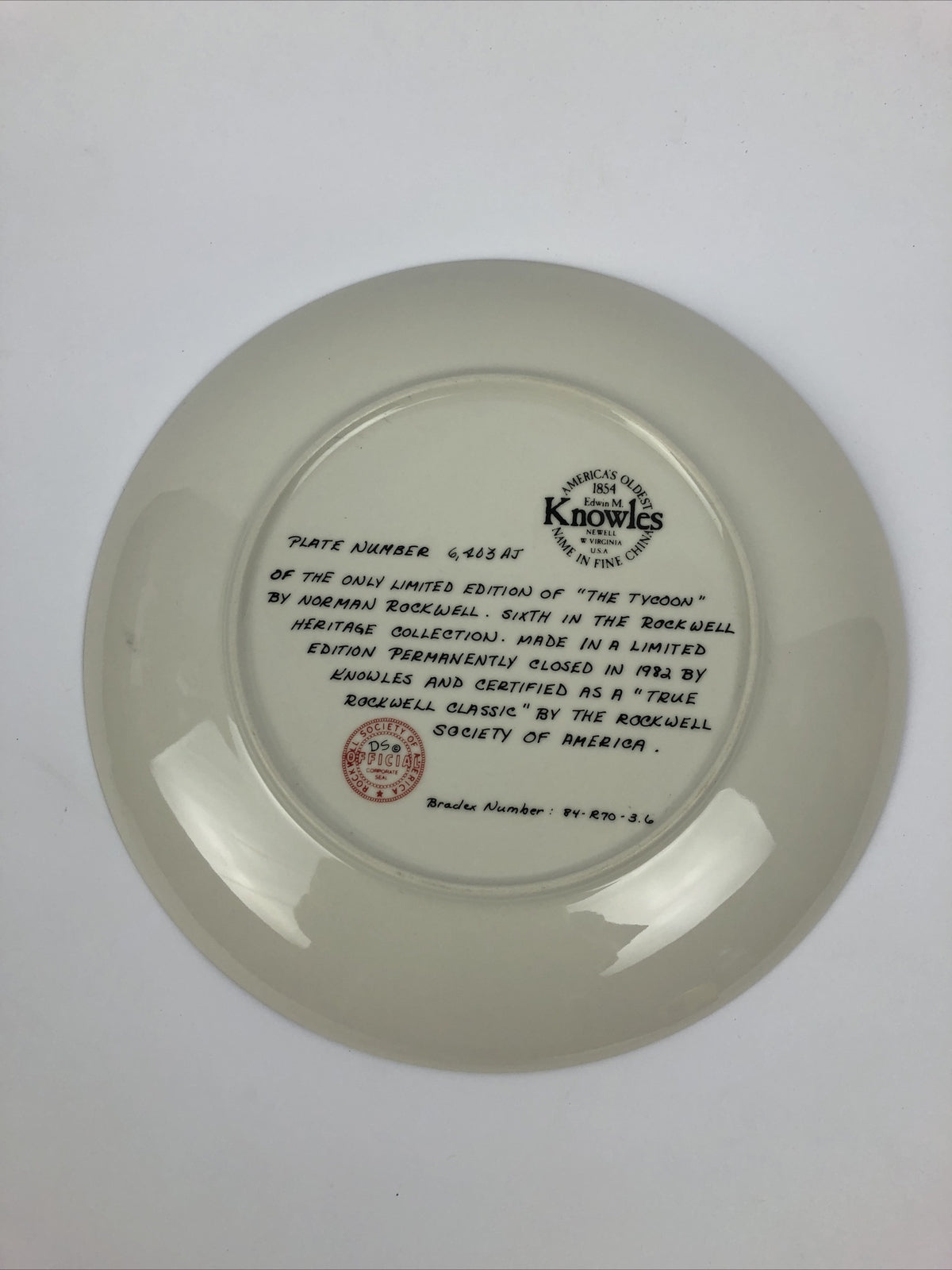 Knowles Limited Edition Norman Rockwell "The Tycoon" Collector 8.5” Plate -Mint