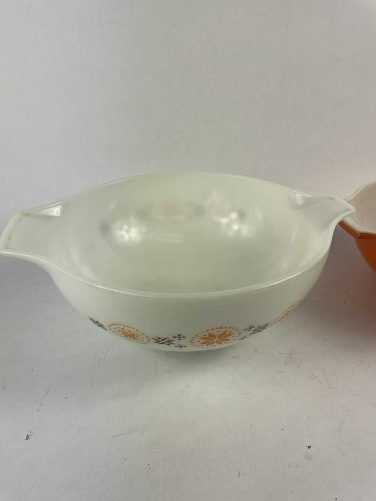 VTG Pyrex Gooseberry Cinderella Nesting Bowl Set 3 Orange White 442-443-444