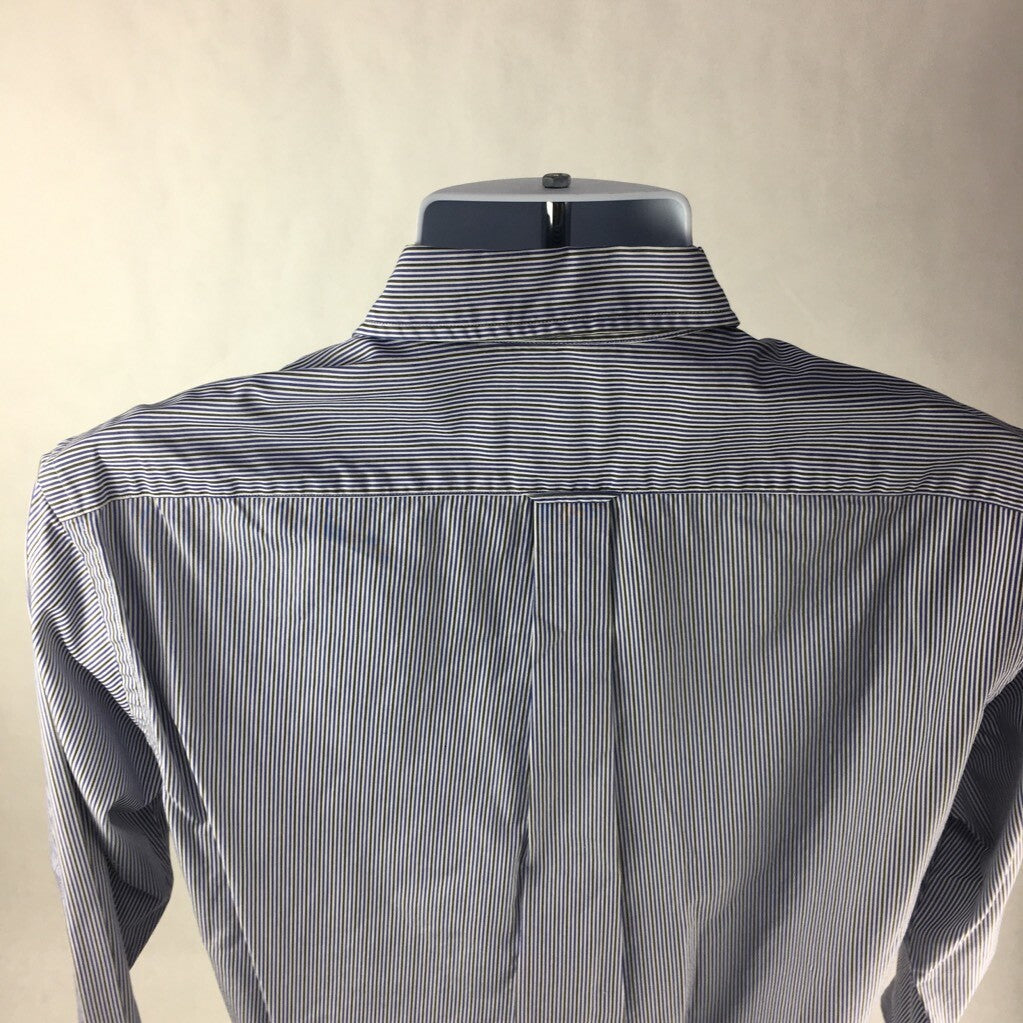Faconnable Mens Button Front Shirt White Blue Stripe Long Sleeve Pocket Cotton S