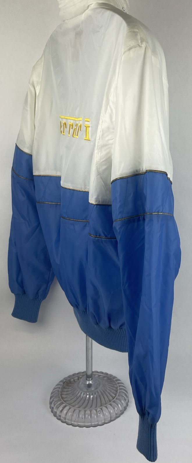 Vintage Style Auto Ferrari Racing Jacket Mens Medium Satin Baby Blue White VGC