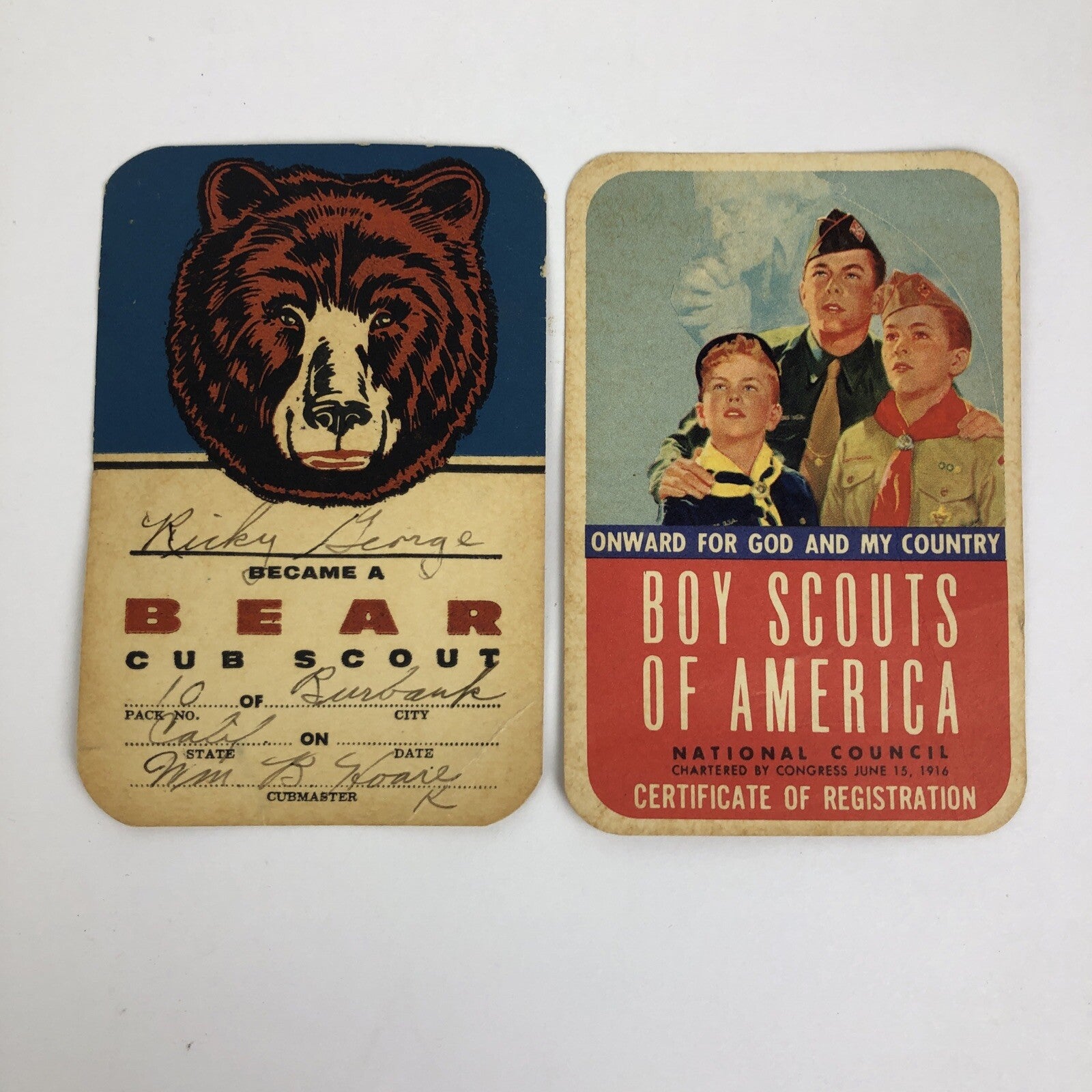 VNTG BSA Cub Scouts Bear Rank Card and Boy Scouts of America Certificates 1958