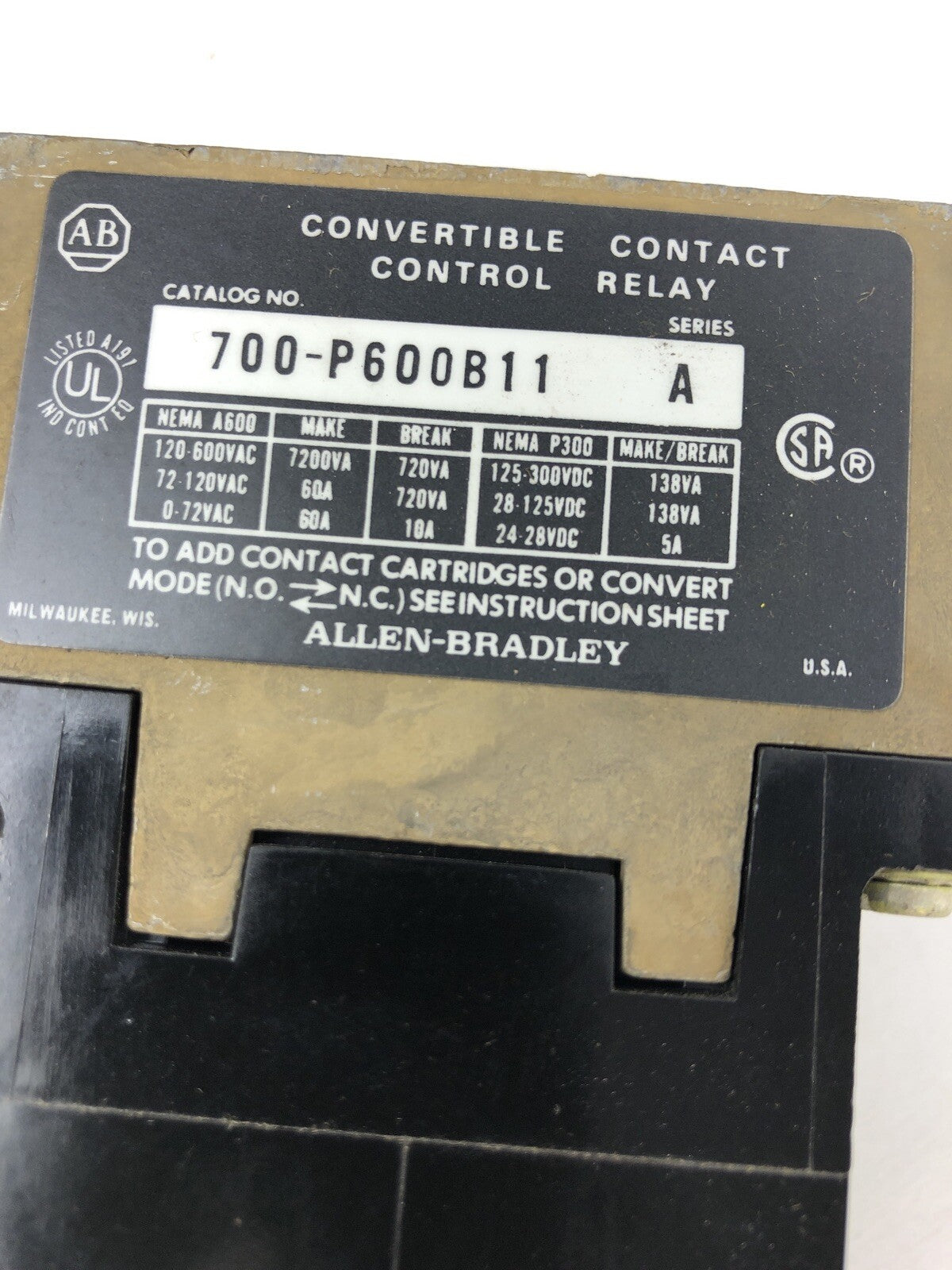 Allen Bradley 700-P600B11 AC Relay 6 Pole Convertible 10 Amp 120 VAC Tested VGC