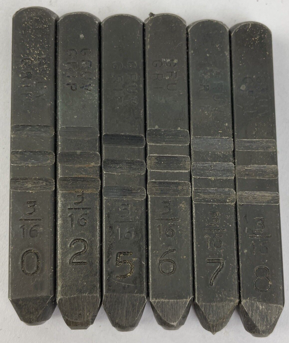 6 Vintage Gruv Grip 3/16" Steel Stamp Numbers Set Wood Box USA Made 0 2 5 6 7 8
