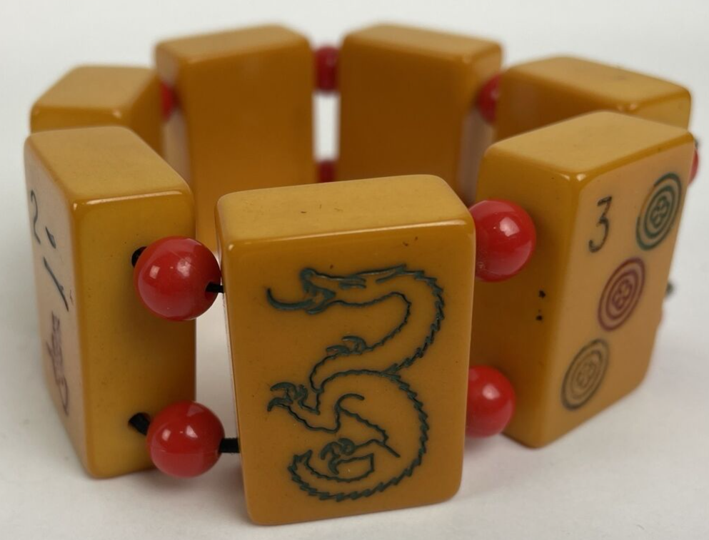 Vintage Bakelite MahJong Tile Bracelet Butterscotch w Red Moonglow Beads OSFA