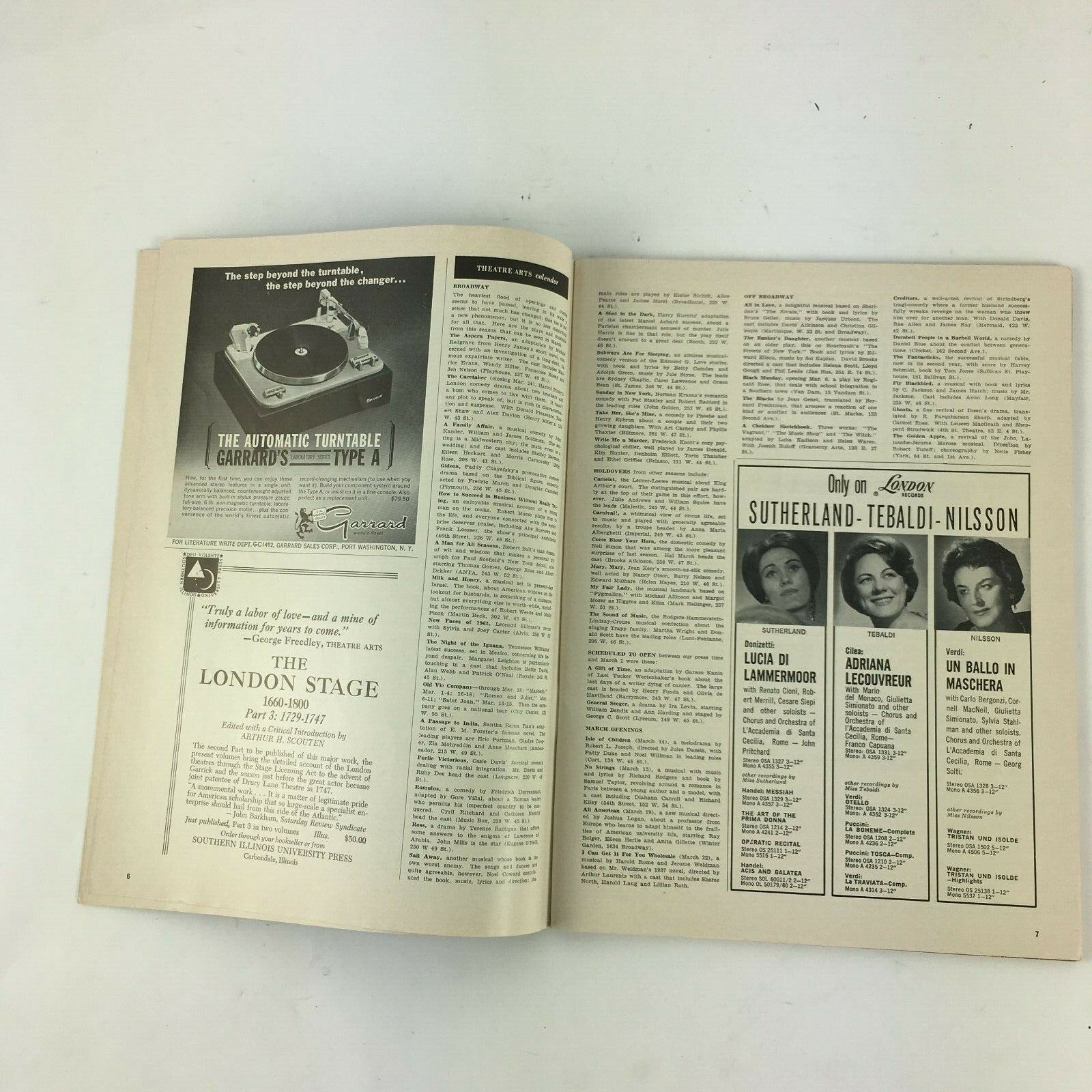 March 1962 Theatre Arts Magazine Opera Eric Bentley Paul Henry Lang JosephKerman