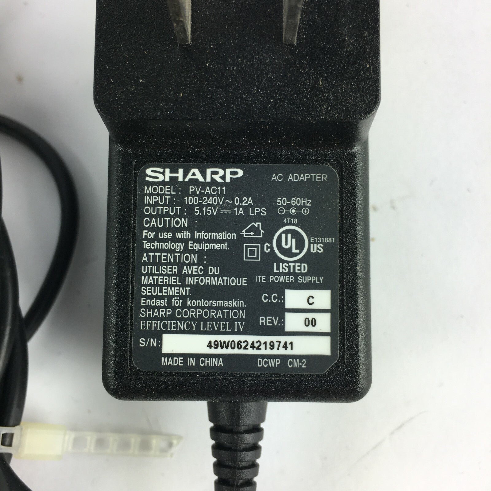 Genuine Sharp PV-AC11 E-4 Class 2 Output 5.15V 1A Power Supply Adapter A11