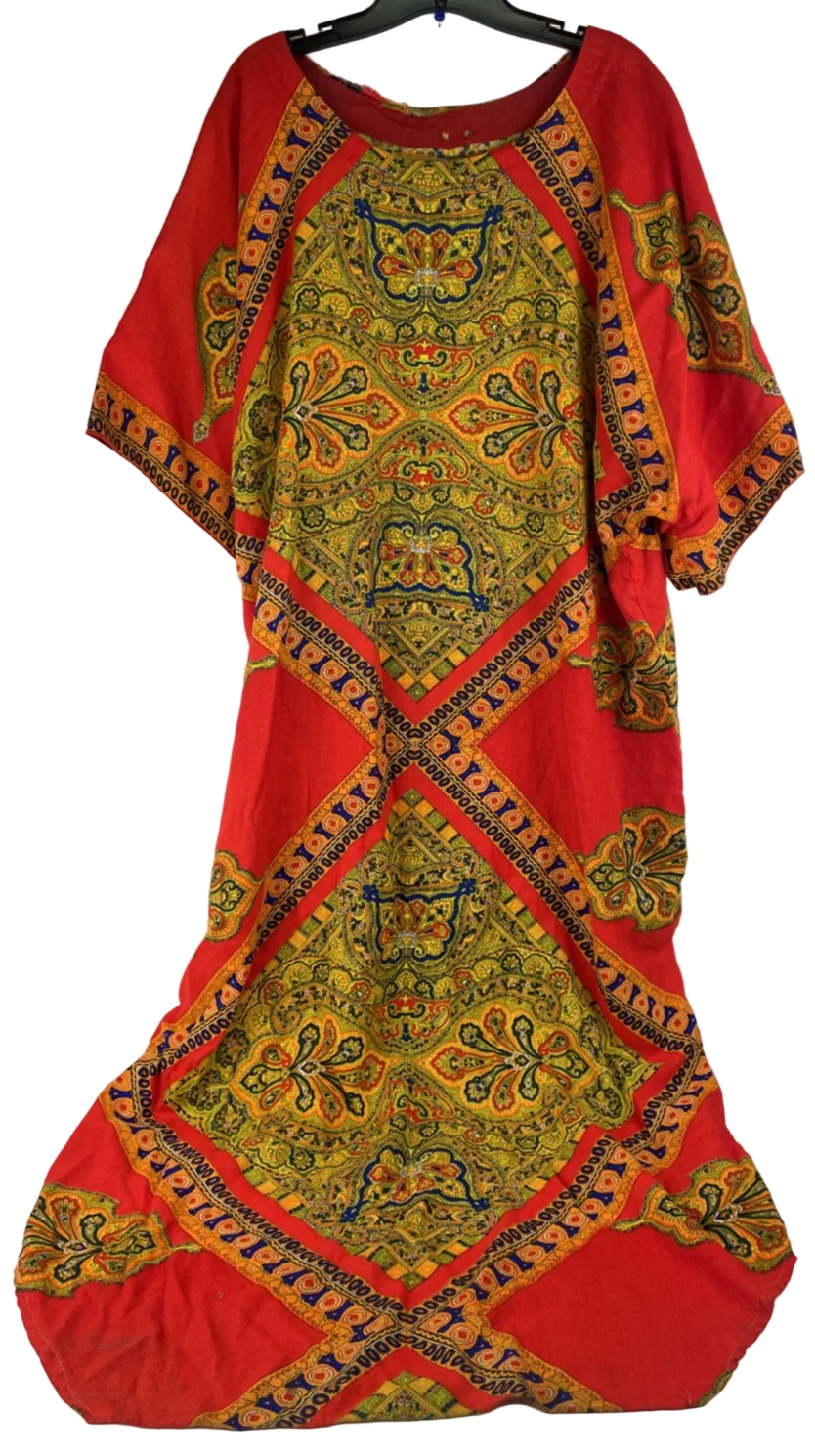 Caftan Kaftan Dress Orange Paisley Medallion Boho India OSFM - LOOK