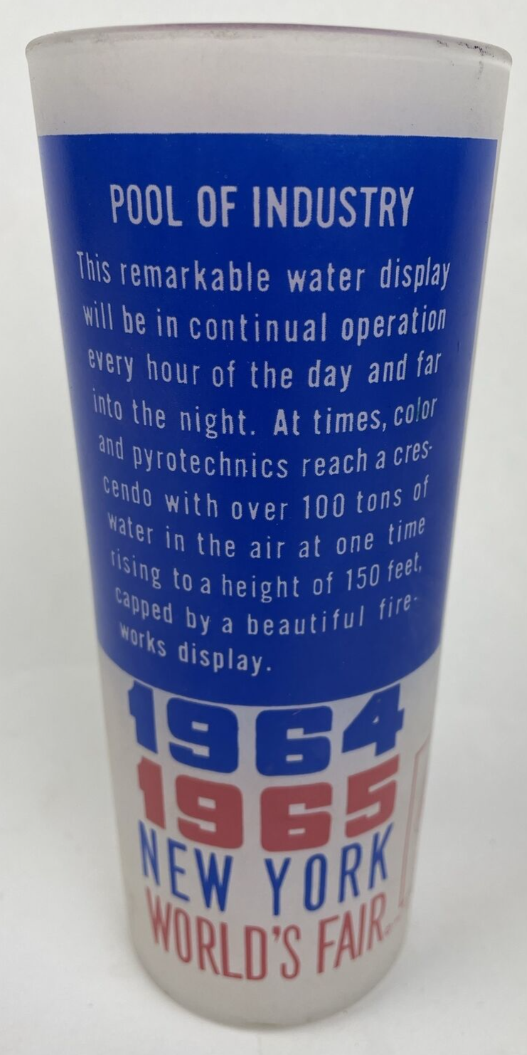 Vintage 1964–1965 New York World's Fair Pool of Industry souvenir glass with red white and blue graphics.
