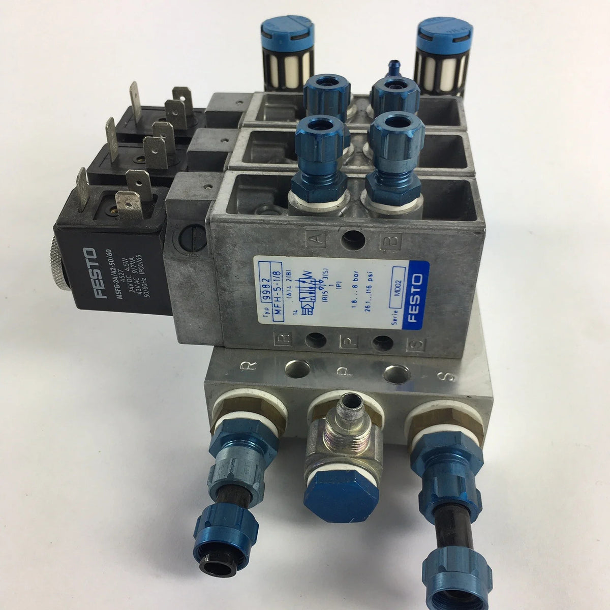 Bank of 3 Festo PRS-1/8 3B Solenoid Valves, 2-Pos 3-Port 120psi MO13