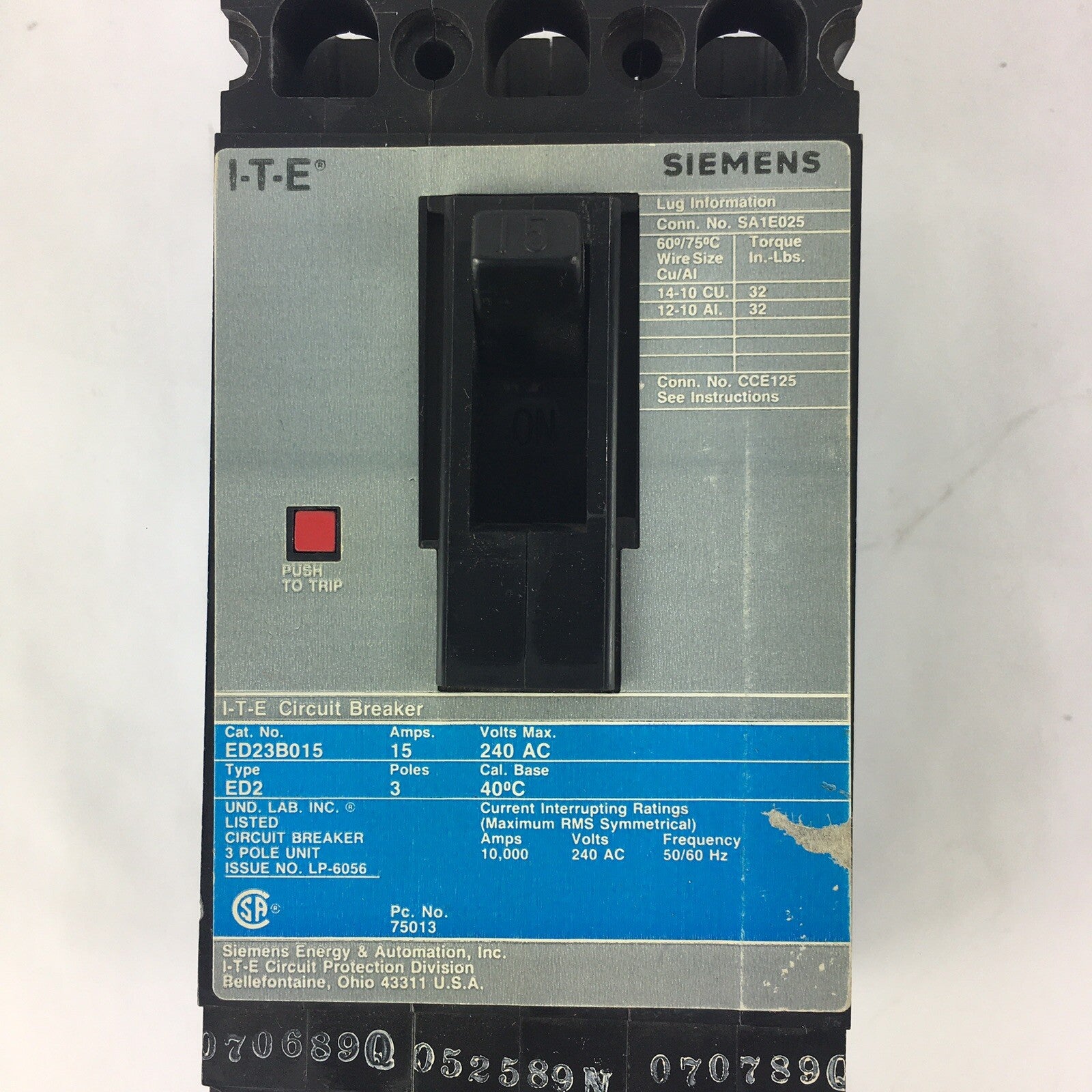 ITE Siemens Sentron ED2 3 pole 15 amp 240v ED23B015 Circuit Breaker ED