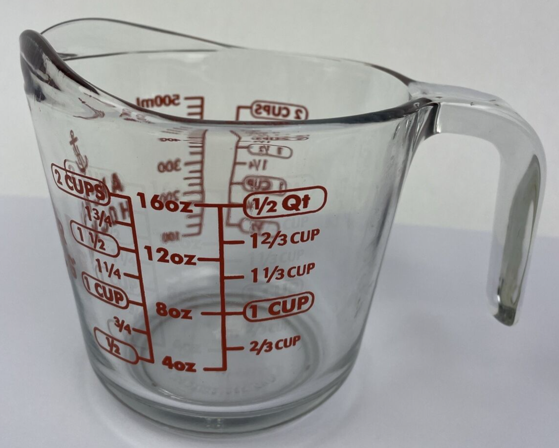 Vintage Anchor Hocking Fire-King 2 Cup Measuring Cup #498 Red Lettering Look