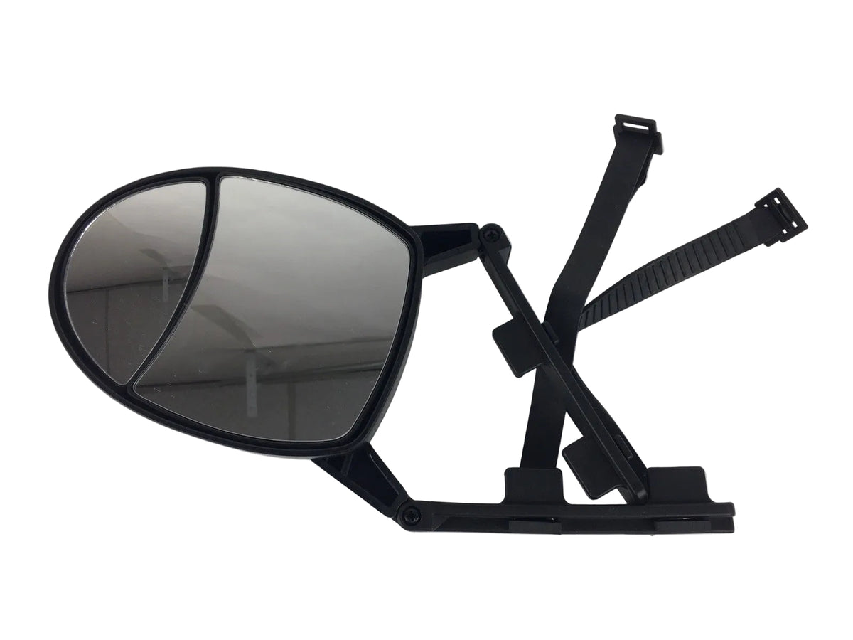 Reese 7034200 dual view clip-on towing mirror with adjustable flat and convex mirrors for trailer towing visibility.