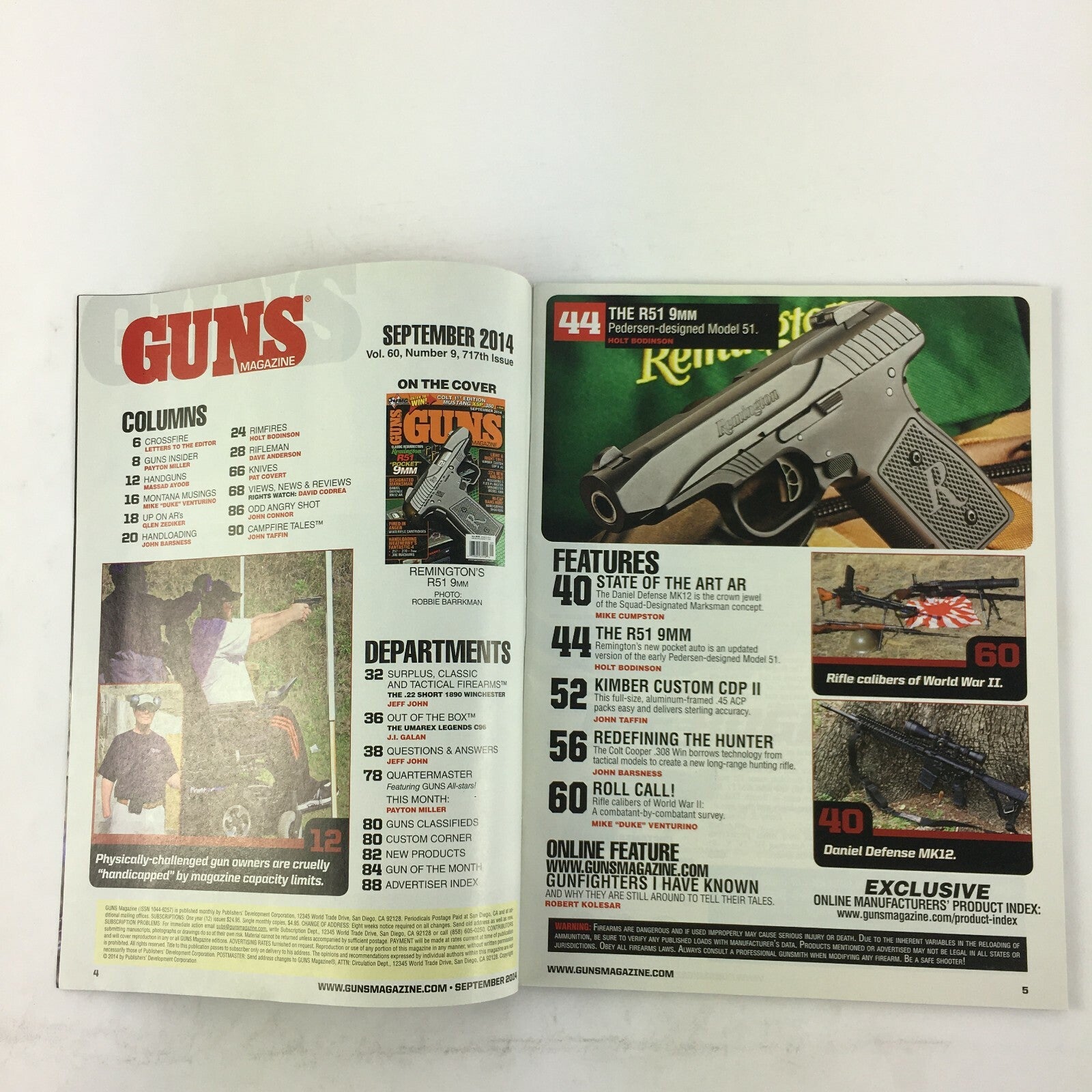 September 2014 Guns Magazine Remington R51 Pocket 9mm MK12 AR .22's New and Old