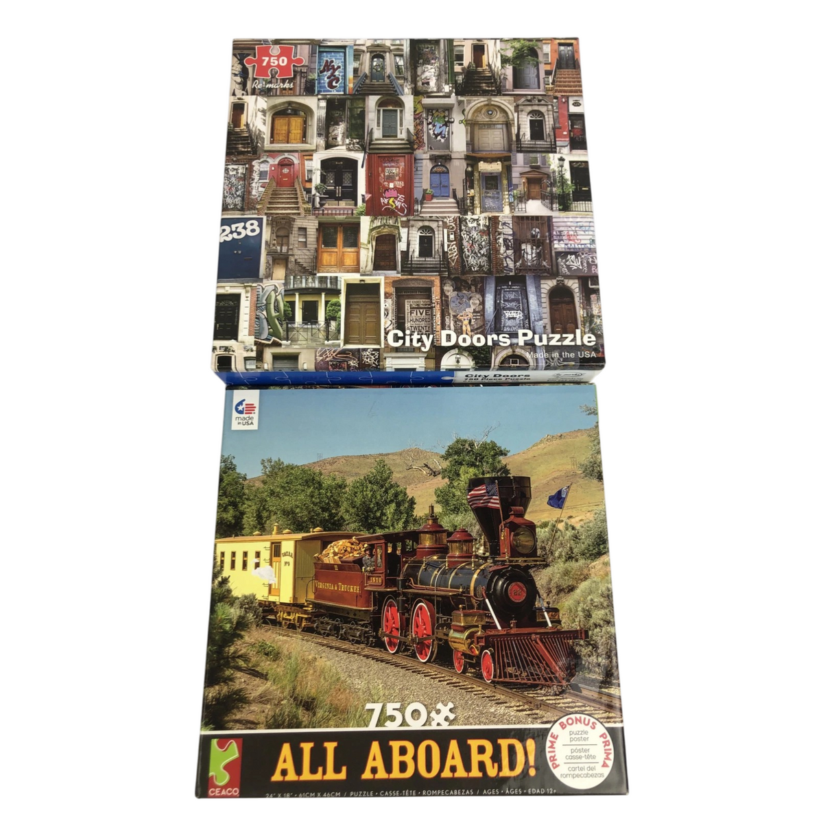 Lot of 2 x 750 Piece Puzzle Lot - Ceaco All Aboard Train, Re-Marks City Doors,