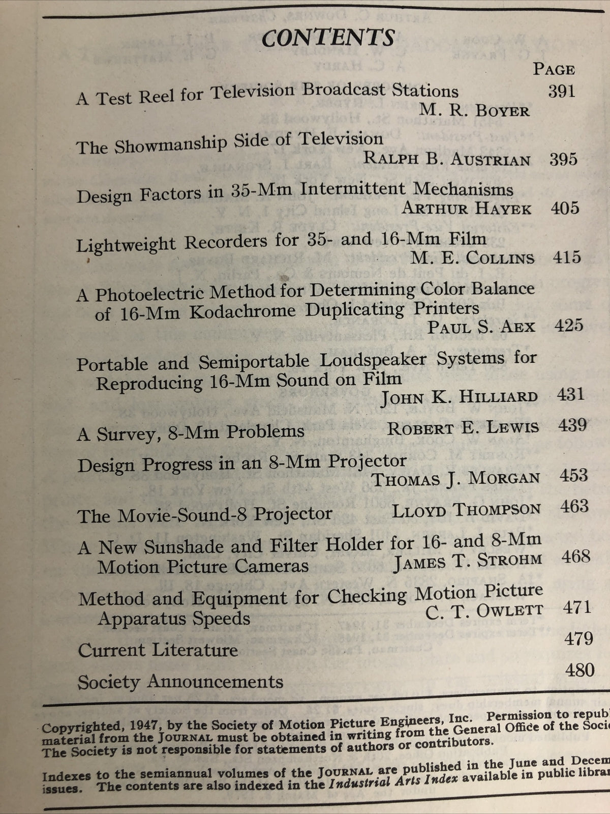 SMPE Journal Of The Society Of Motion Picture Engineers November 1947 VOL 49 No5