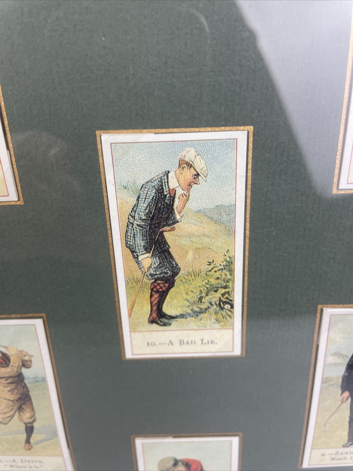 Framed and matted collection of 18 vintage style cigar tobacco golf trading cards with historical information display artwork collectible memorabilia