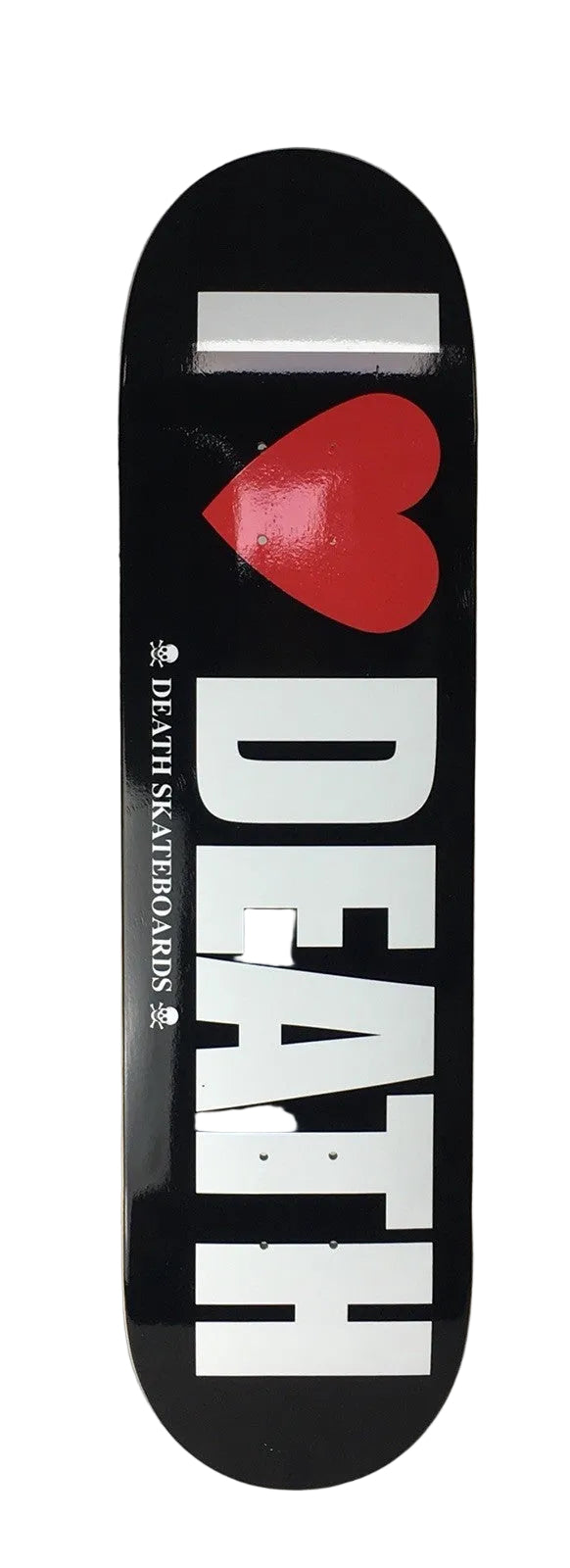 Death Skateboards I Love Death 8.5-inch skateboard deck with grip tape and free shipping.