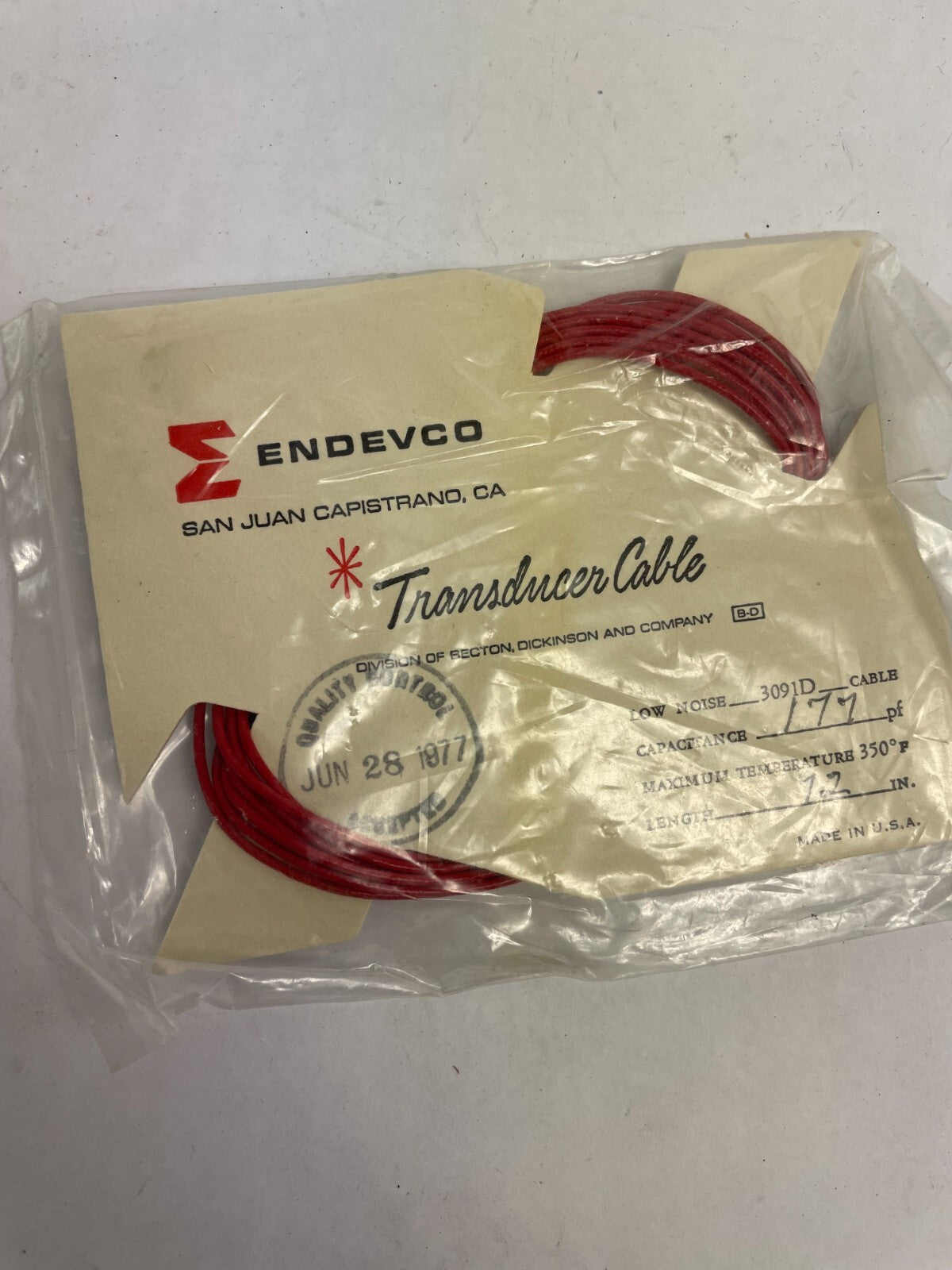 Endevco Transducer Cable Low Noise 309 ID Capacitance 177pf Length 72 IN