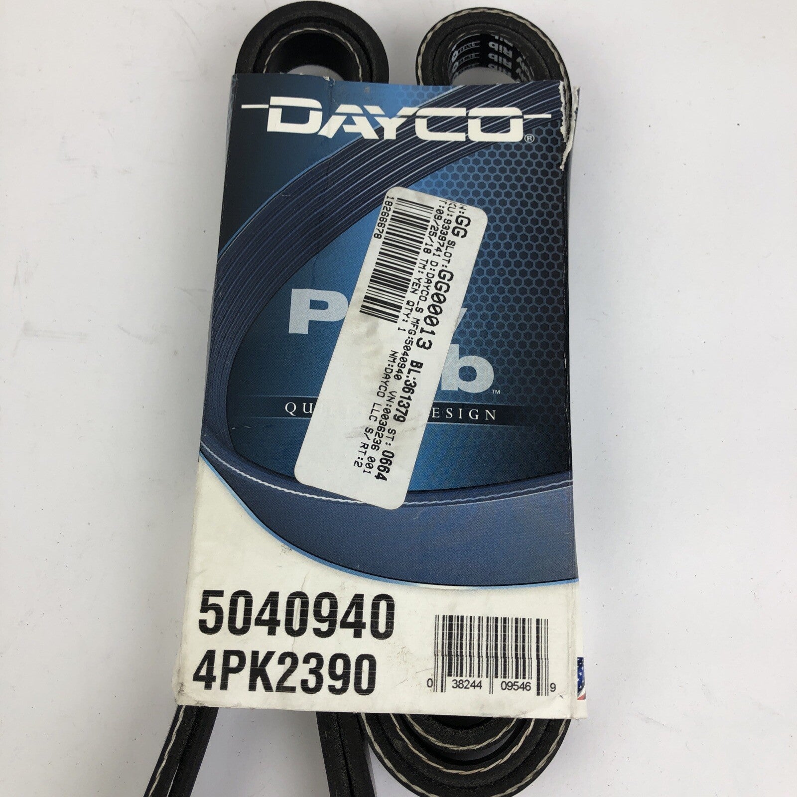 Dayco 5040940 4PK2390 serpentine v-ribbed belt OEM replacement automotive engine accessory drive belt VIN K