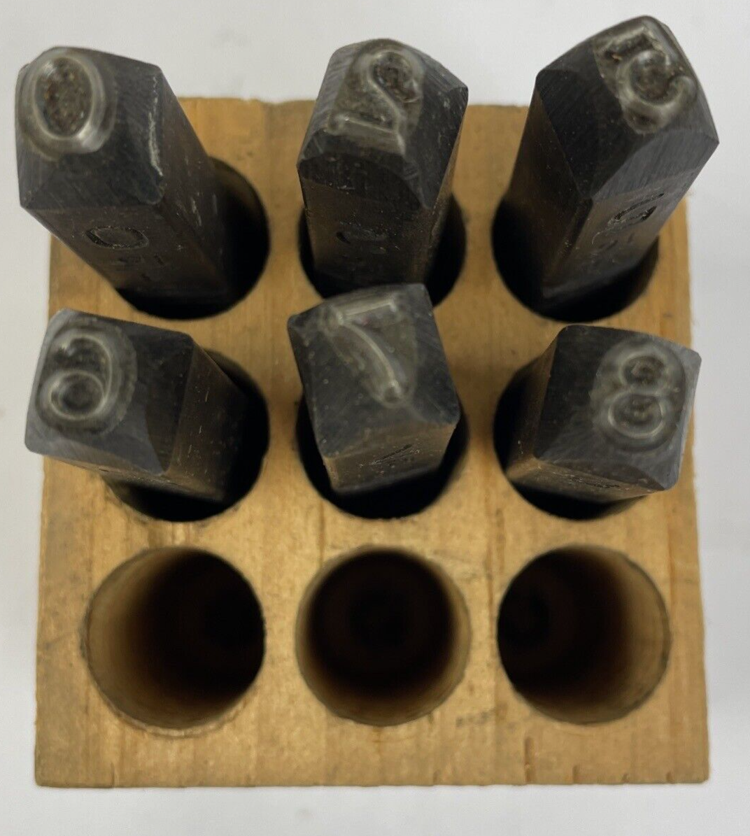 6 Vintage Gruv Grip 3/16" Steel Stamp Numbers Set Wood Box USA Made 0 2 5 6 7 8