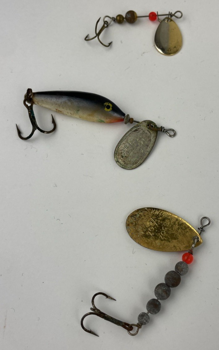 2 x Vintage Thomas Spinning lures and 1 x Blue Fox Super Vibrax Minnow Fishing