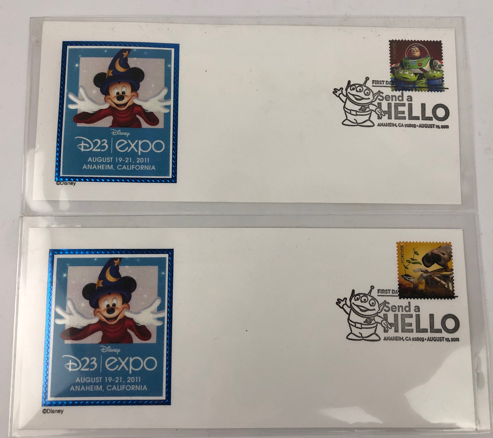2 x D23 DISNEY PIXAR SEND A HELLO 1st DAY ISSUE UP STAMP ENVELOPE 19-21, 2011