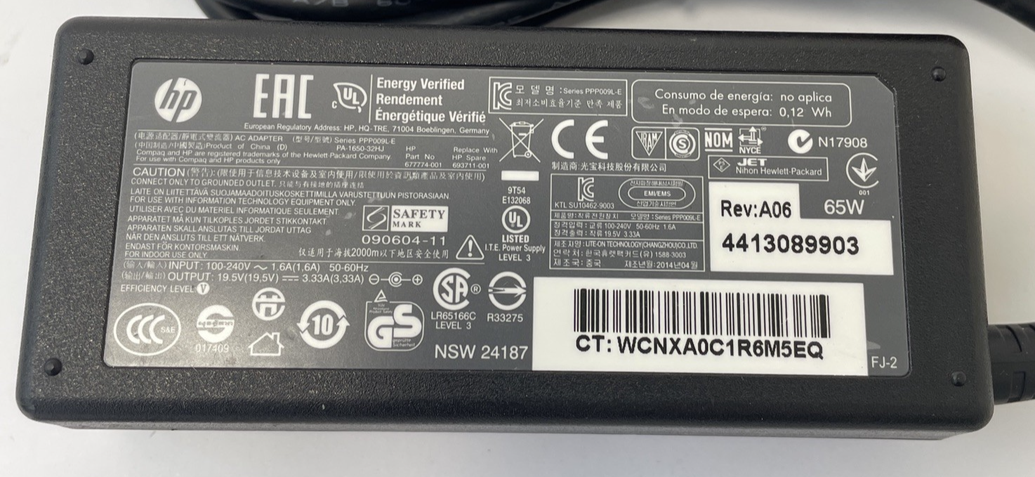 HP 65W AC Adapter 19.5V 3.3A 7.4mm X 5.0mm 693711-001                    B01