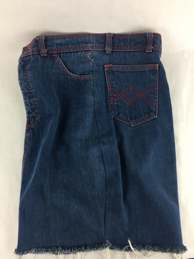 Oscar De La Renta Womens A Line Denim Skirt Blue Zipper Fly Pockets Fringes 12