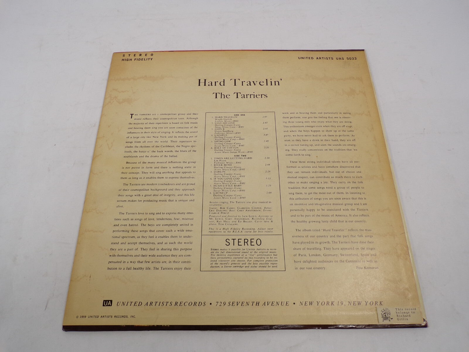 Hard Travelin The Tarriers United Artists High Fidelity Stereo Vinyl Record