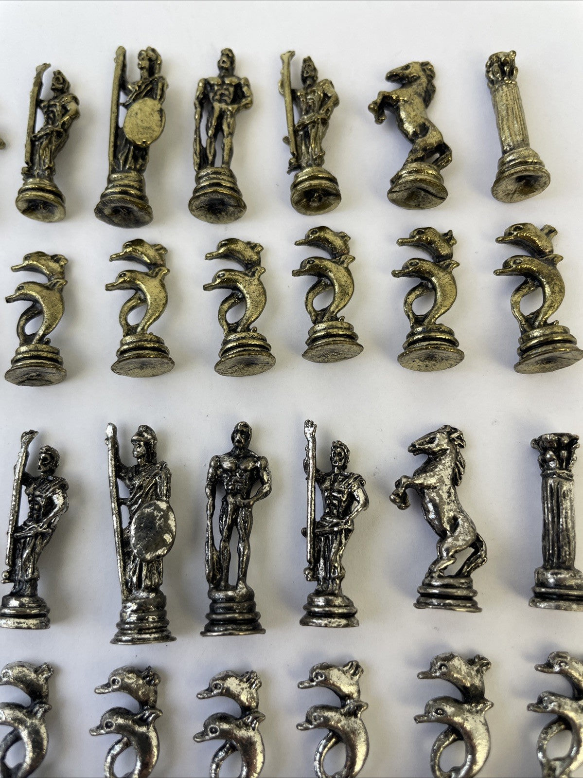 Vintage Miniature Neptune Fantasy Theme Pewter Chess Pieces Full Set Gold Silver