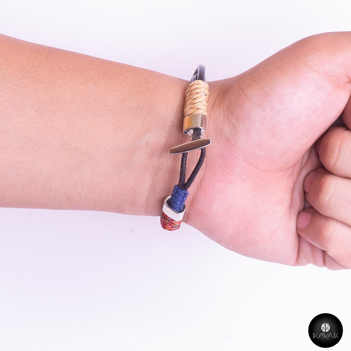 Kavak - Handmade Braided Leather Cords (Blue-White) Adjustable Men's Bracelet 