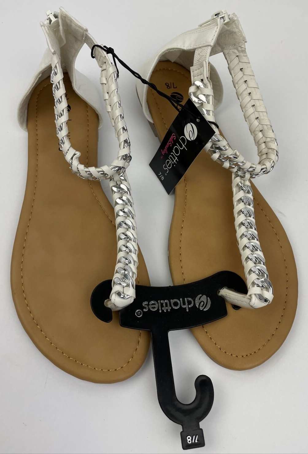 NWT Chatties Womens Sandals With White Silver Metal Straps Zipper Heel size 7/8