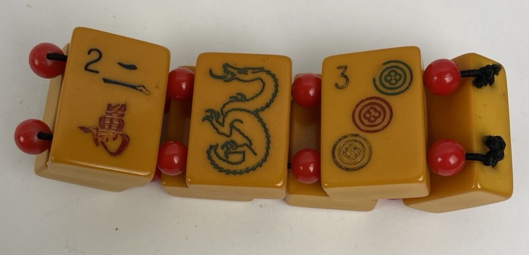 Vintage Bakelite MahJong Tile Bracelet Butterscotch w Red Moonglow Beads OSFA