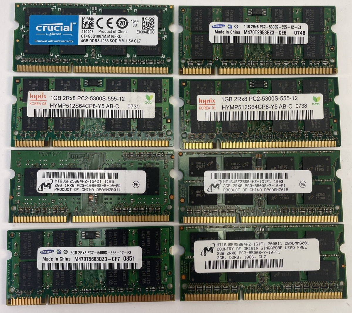 Assorted Hynix Samsung + RAM 15GB total Lot of 8 Units