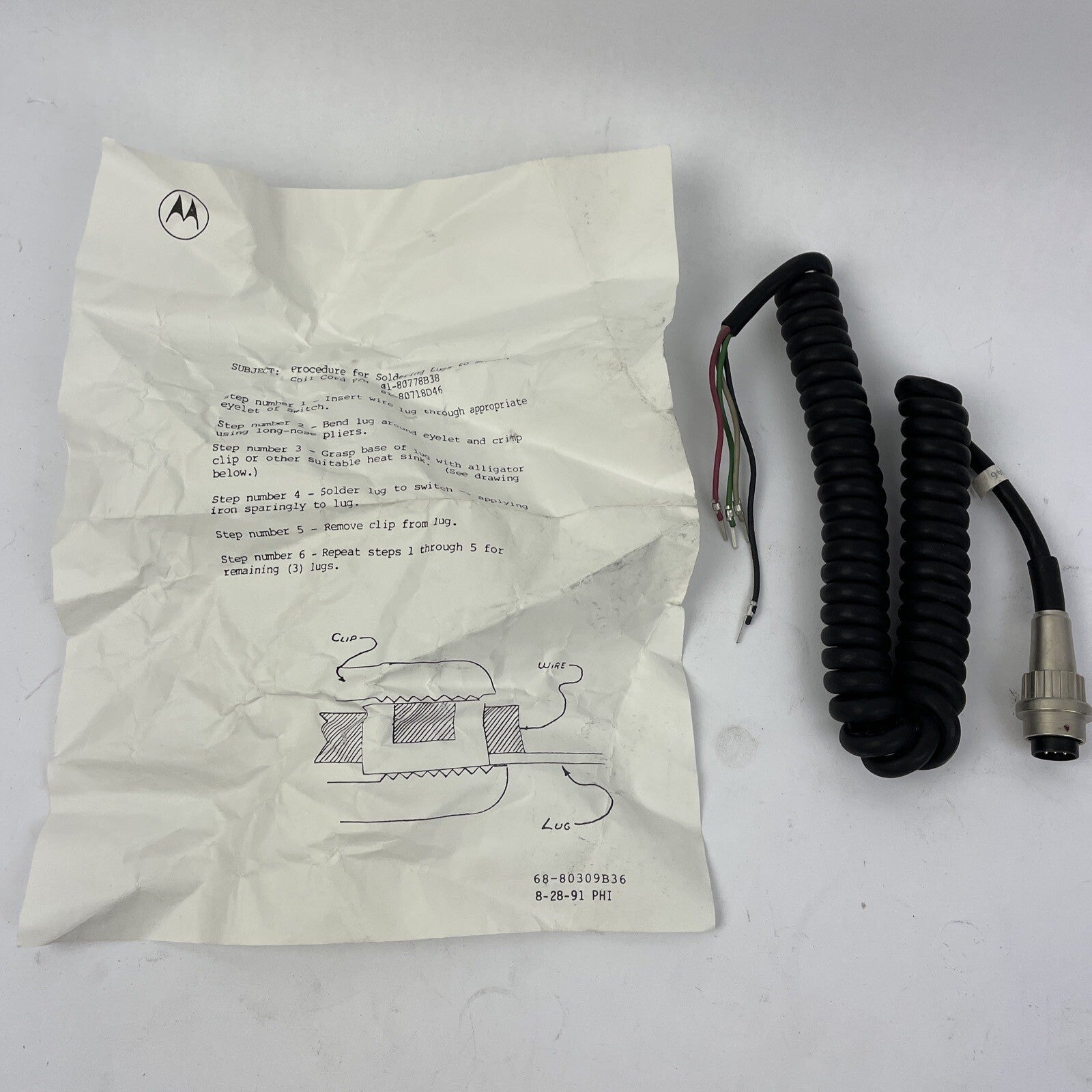 MOTOROLA 5 Pin SPEAKER MIC CABLE motorola Model No. 0180718D46 - LOOK