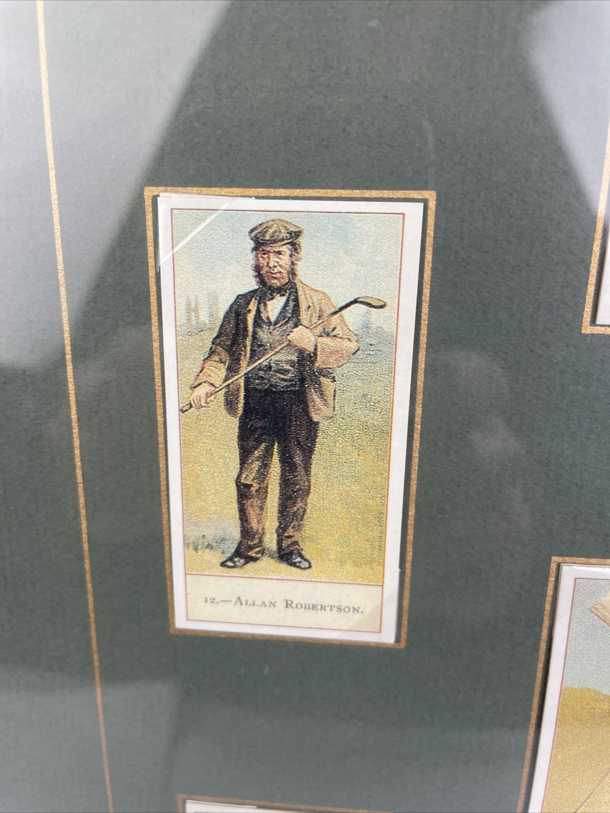 Framed and matted collection of 18 vintage style cigar tobacco golf trading cards with historical information display artwork collectible memorabilia