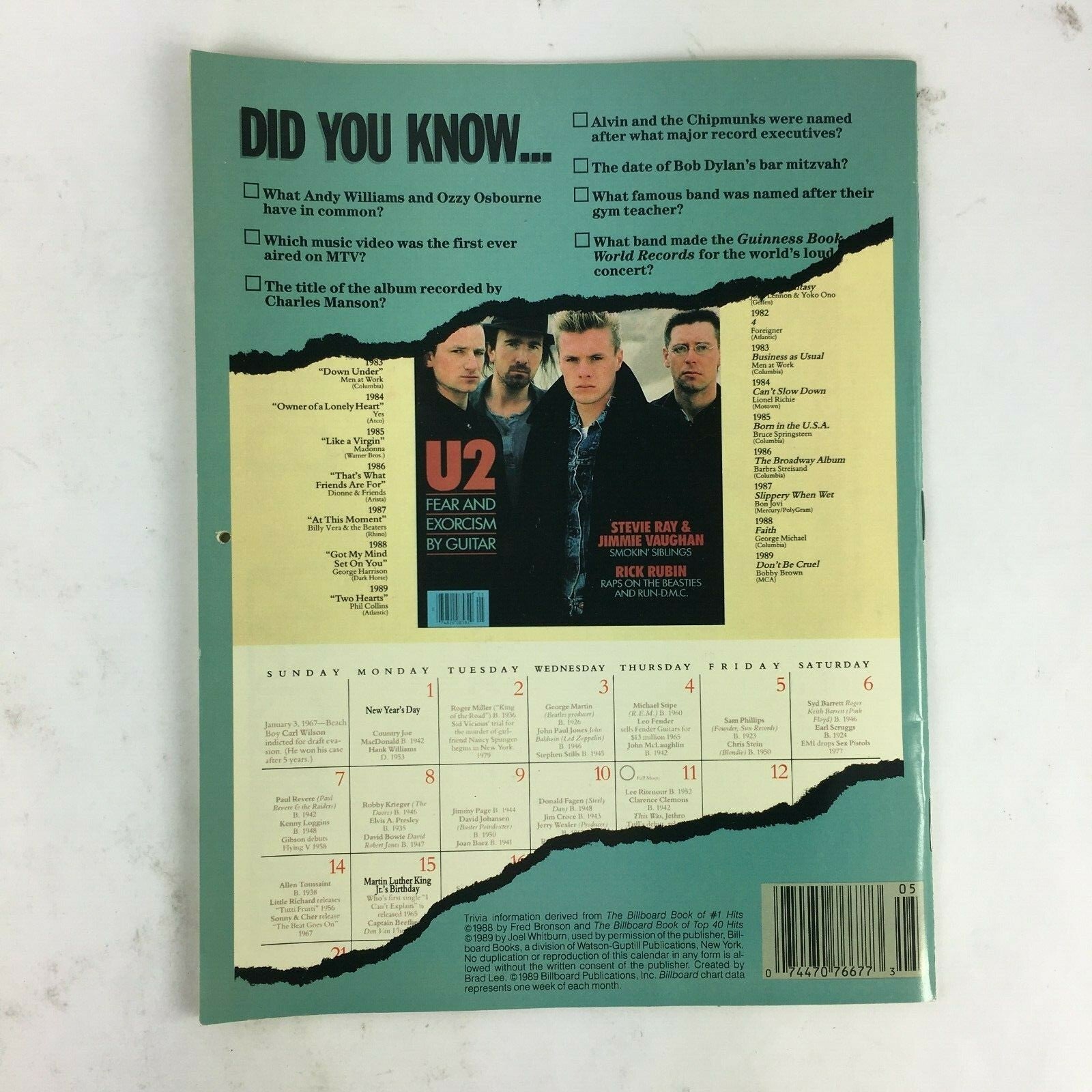 The Billboard Musician 1990 Magazine Trivia Calendar Decade in Music