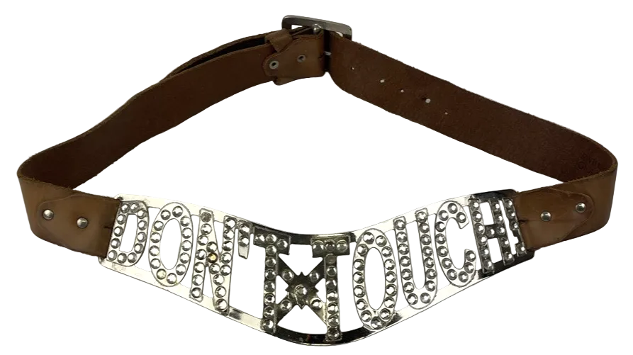 " DON'T TOUCH " Rhinestone Studded Brown Leather Statement Belt Vintage Y2K RARE