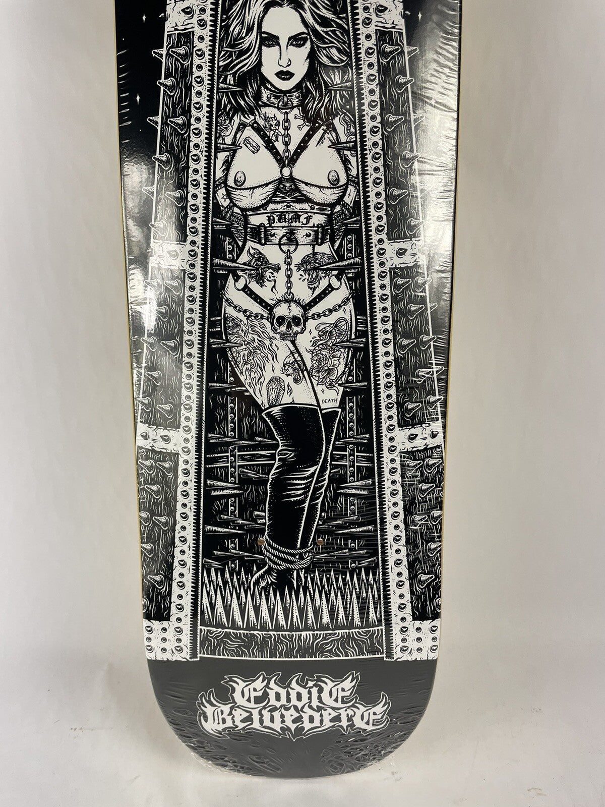 Death Skateboards Eddie Belvedere Maiden Pro 8.25-inch skateboard deck with Tapered Square FA Nose and signature Maiden graphic.