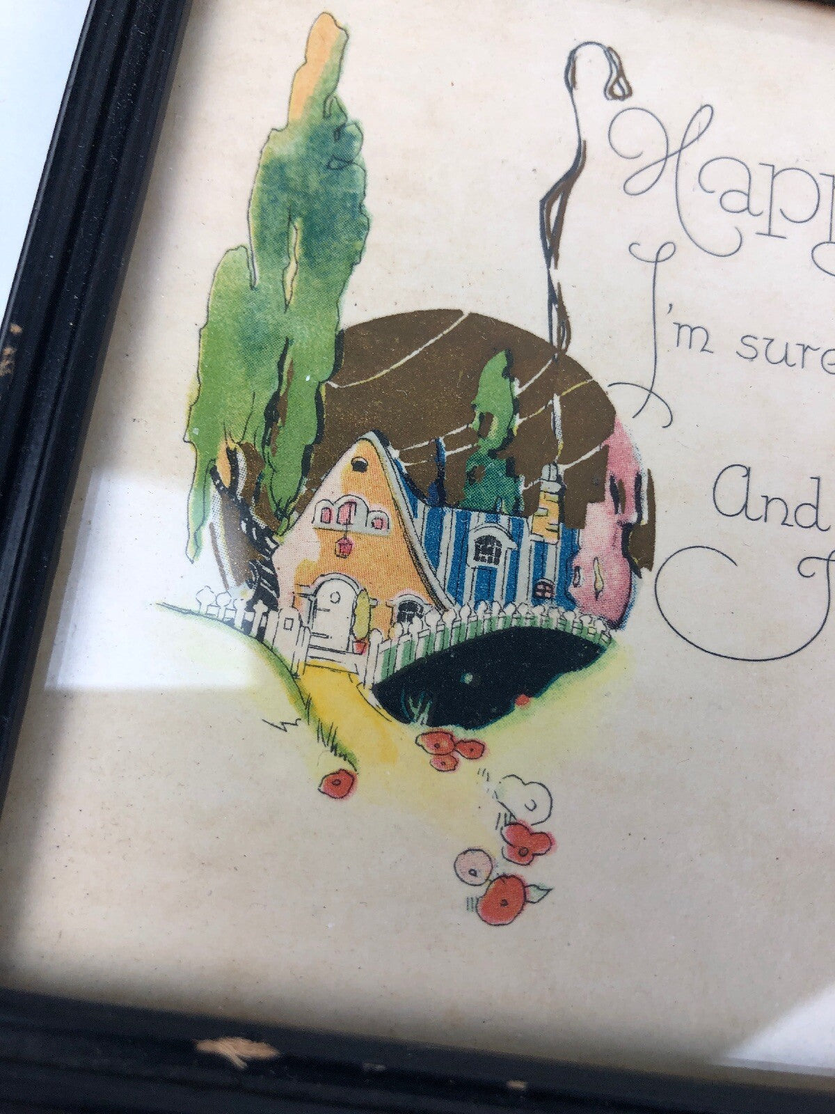 3 Vintage 1930’s American Folk Art Greeting Card Picture Framed RARE Anniversary