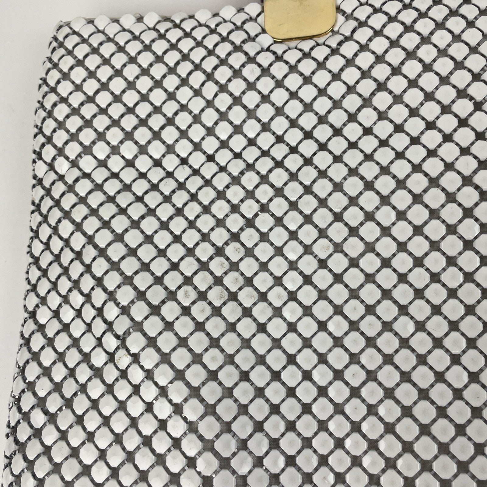 Vintage White Aluminum Metal Mesh Purse W/ Lucite Amber Handles Magnetic Closure