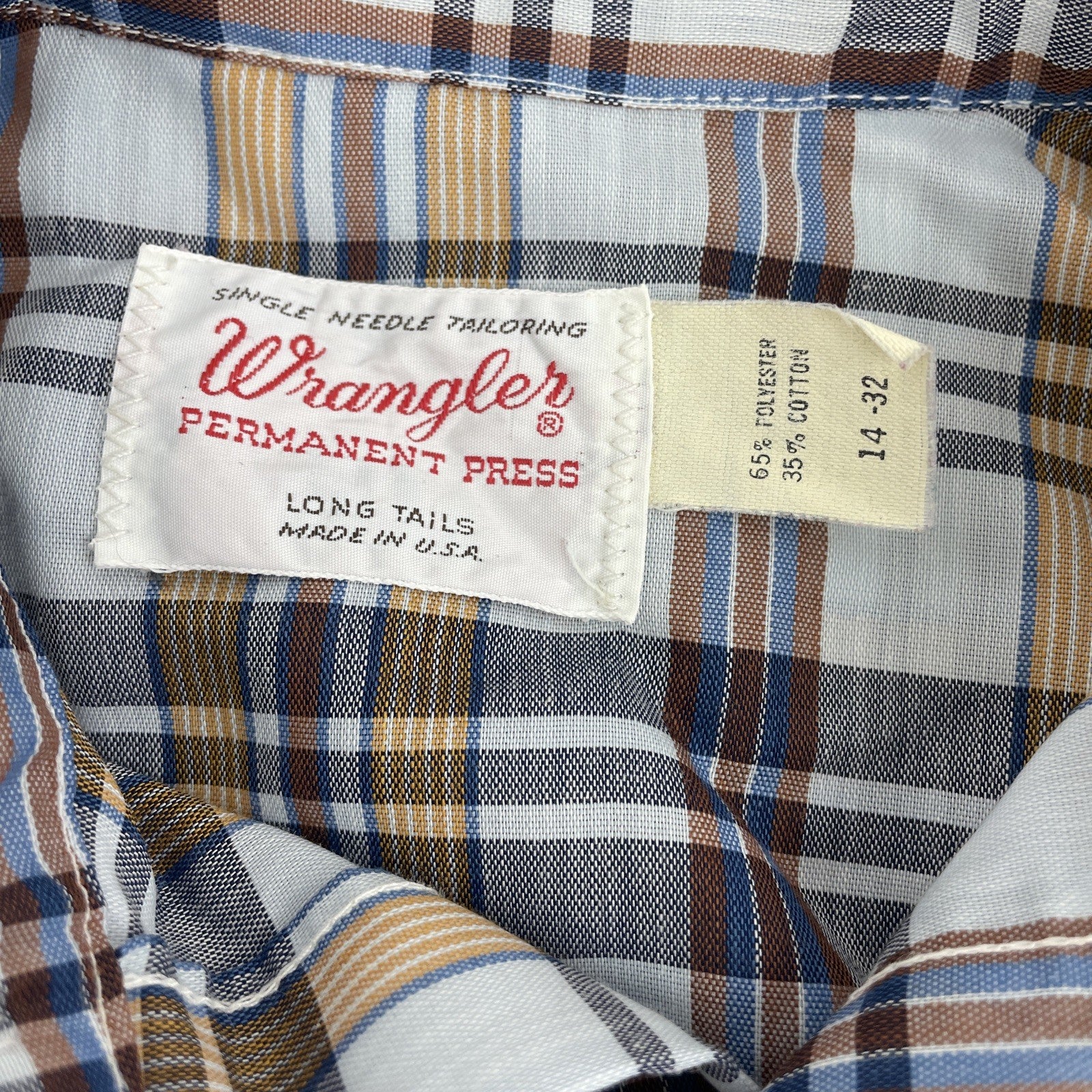 Vintage Wrangler Shirt Mens Plaid Long Tails Pearl Snap Western Rodeo 32-14 USA
